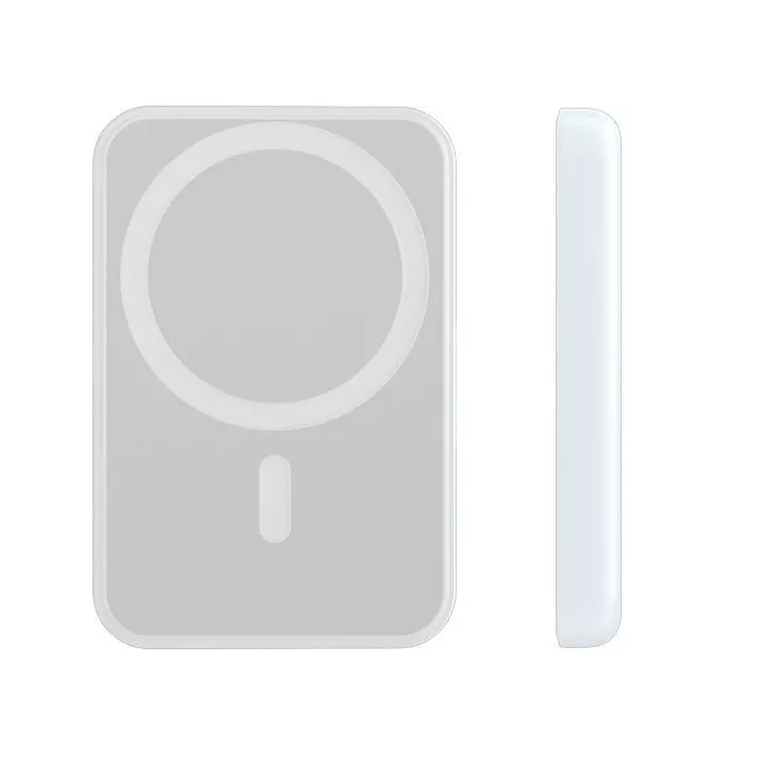 PowerBank MagSafe blanco vista frontal y lateral, diseño ultra delgado