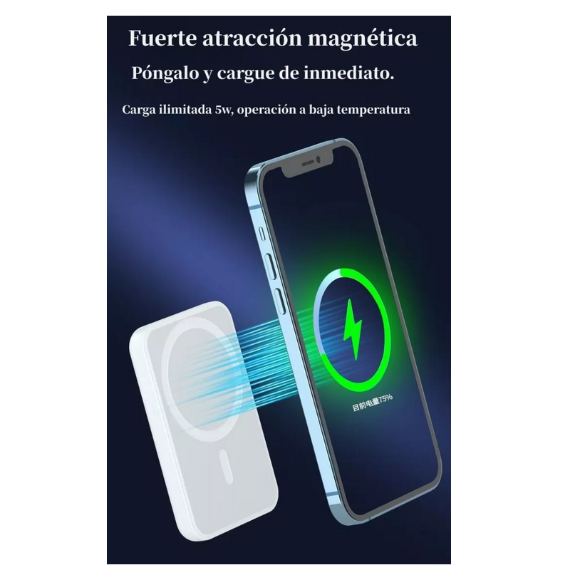 PowerBank MagSafe con fuerte atracción magnética cargando iPhone inalámbricamente