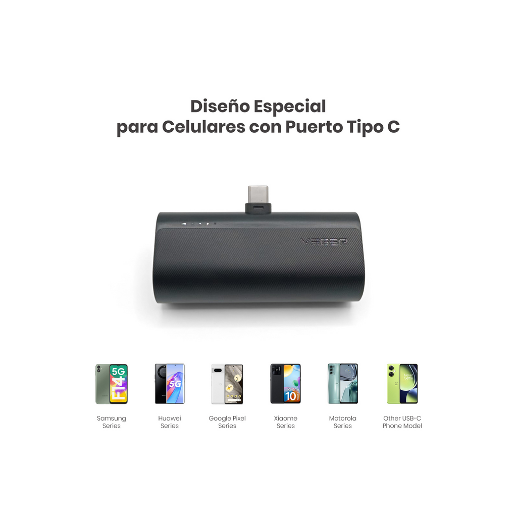 Power bank Tipo C diseño especial para celulares Samsung, Huawei, Google Pixel, Xiaomi, Motorola y más