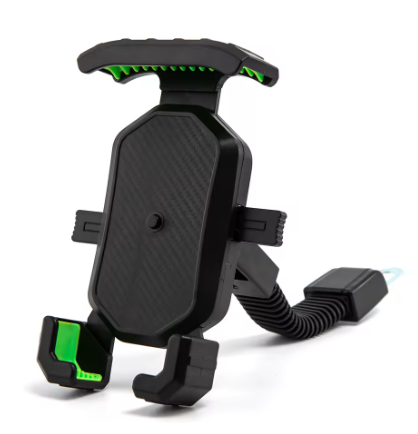 Soporte para celular en moto color negro con detalles verdes, vista frontal