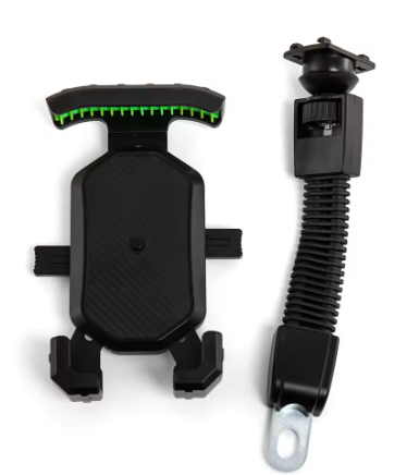 Soporte para celular en moto desmontado mostrando brazo flexible y abrazadera
