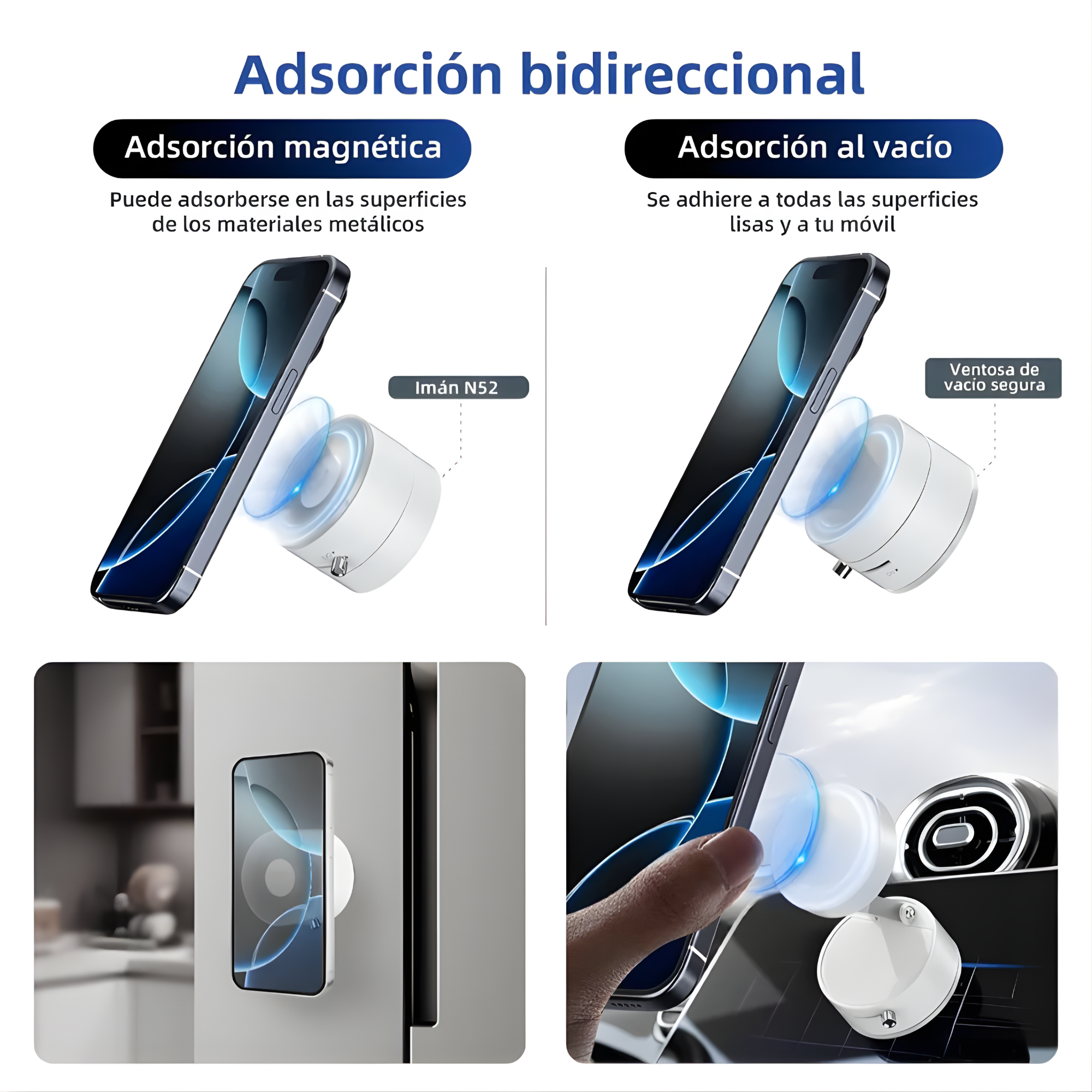 Adsorción bidireccional: magnética con imán N52 y ventosa de vacío para superficies lisas