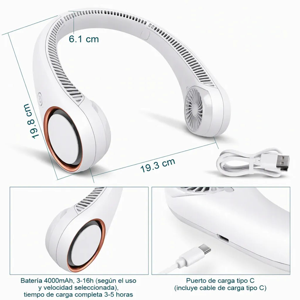 Ventilador de Cuello Portátil Recargable — 3 Velocidades, Batería 4000mAh