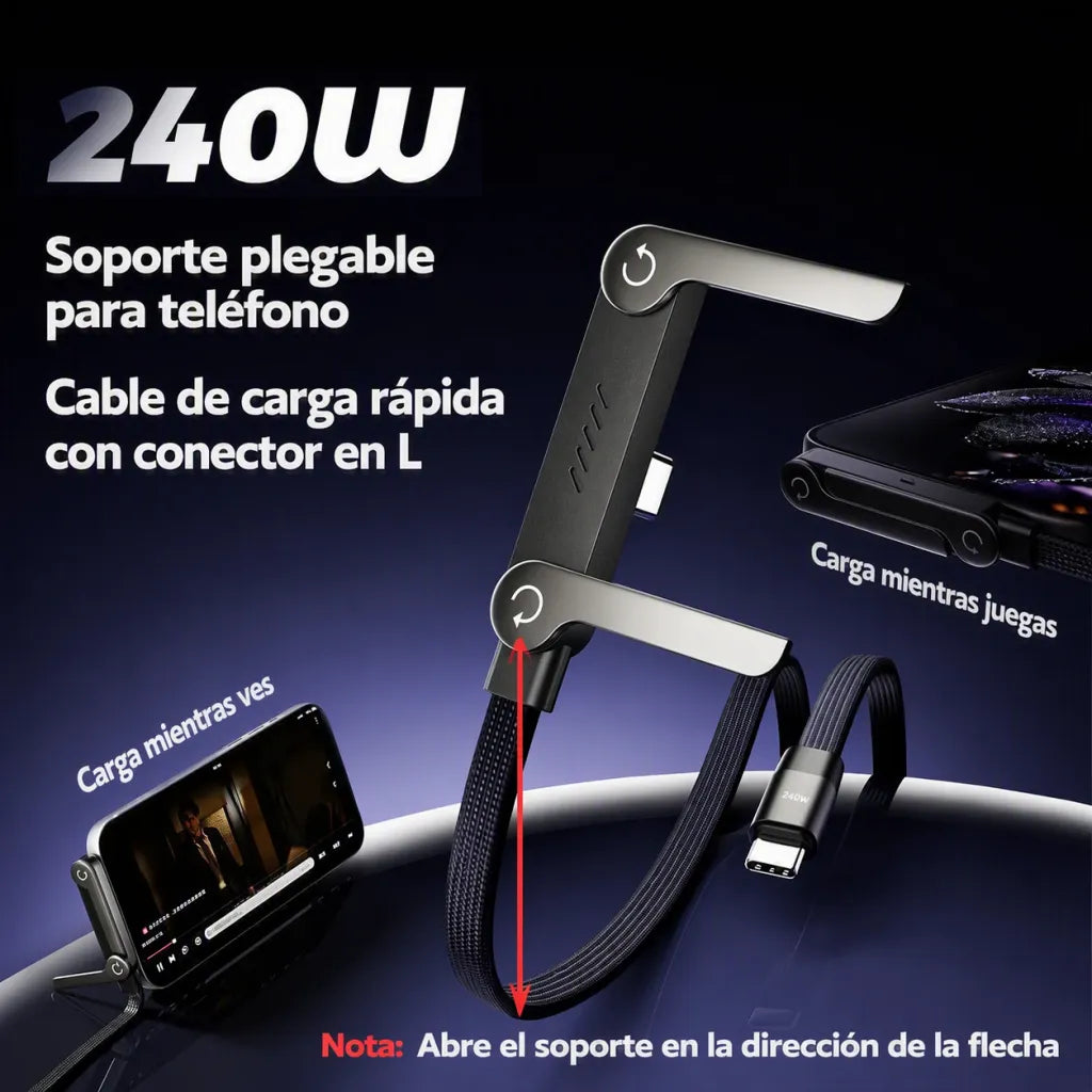 Cable USB-C a USB-C 240W con Soporte Plegable — Carga Rápida, Ángulo 90°, 1.5m