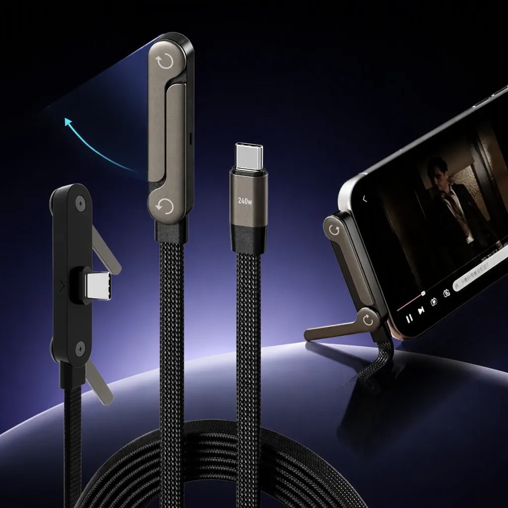 Cable USB-C a USB-C 240W con Soporte Plegable — Carga Rápida, Ángulo 90°, 1.5m