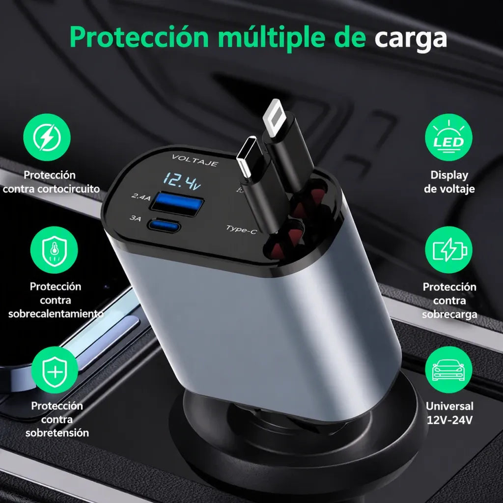 Cargador de Auto 120W con Cable Retráctil — 4 Puertos, USB-C + Lightning + USB-A