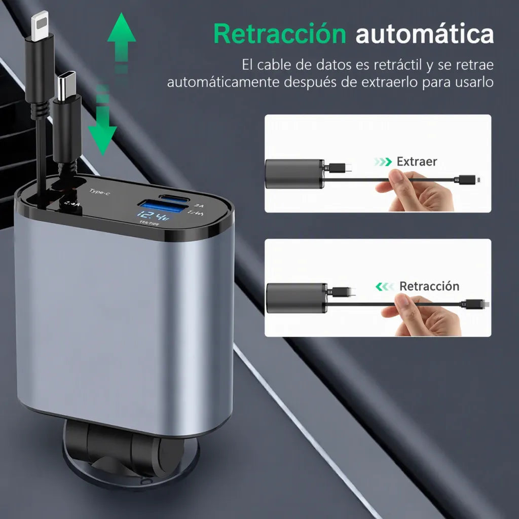 Cargador de Auto 120W con Cable Retráctil — 4 Puertos, USB-C + Lightning + USB-A