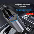 Cargador de Auto 120W con Cable Retráctil — 4 Puertos, USB-C + Lightning + USB-A