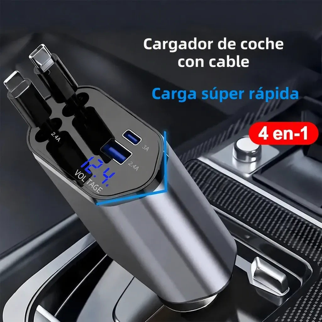 Cargador de Auto 120W con Cable Retráctil — 4 Puertos, USB-C + Lightning + USB-A