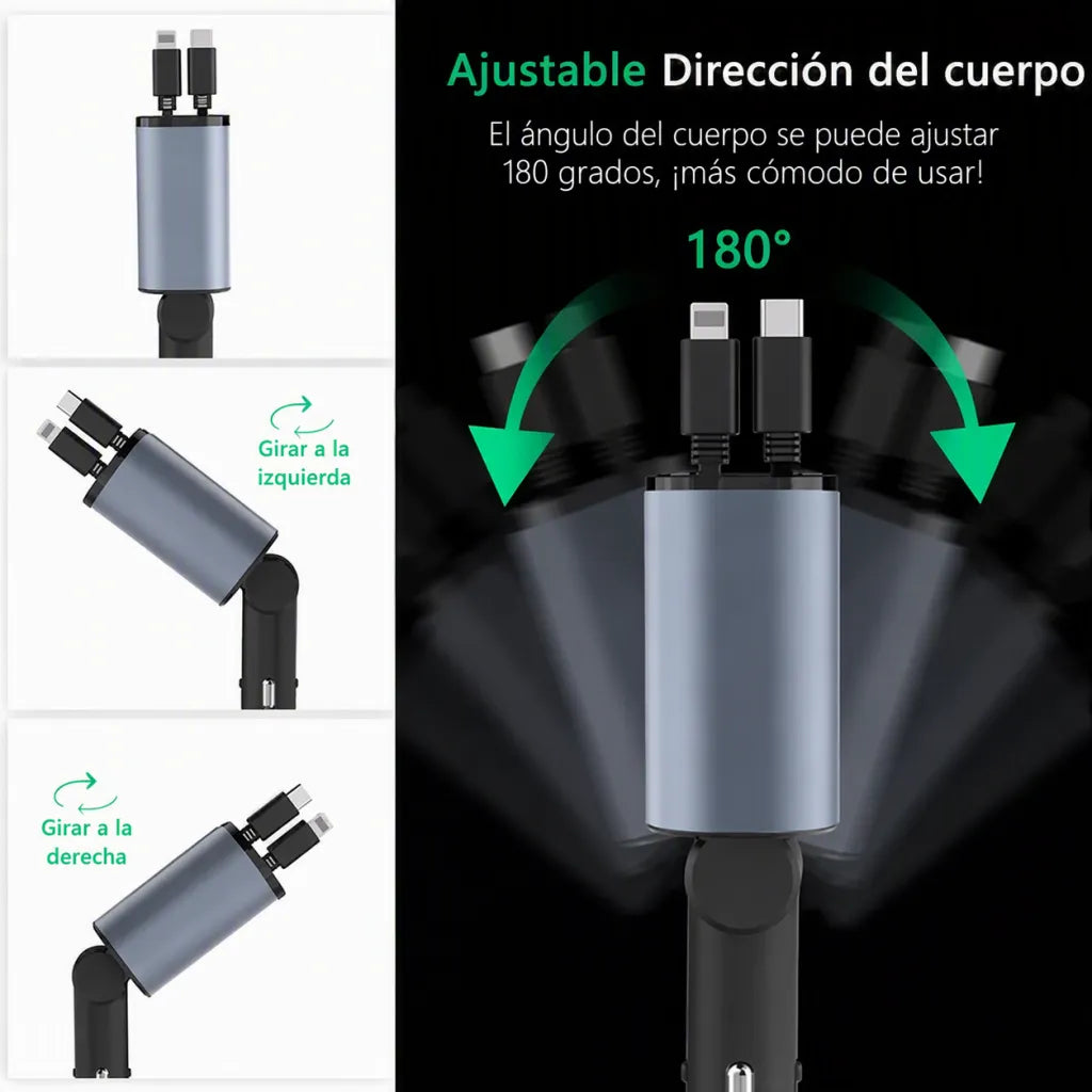 Cargador de Auto 120W con Cable Retráctil — 4 Puertos, USB-C + Lightning + USB-A